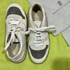 Brunello Cucinelli white women’s sneakers with silver glitter tip